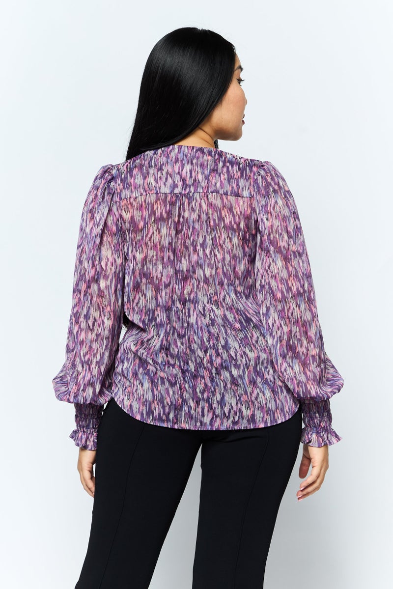 DEX Women V Neck Long Sleeve Allover Print Blouse, Multicolor - Image 2