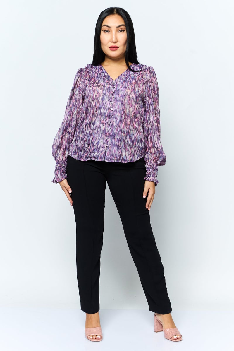 DEX Women V Neck Long Sleeve Allover Print Blouse, Multicolor - Image 4