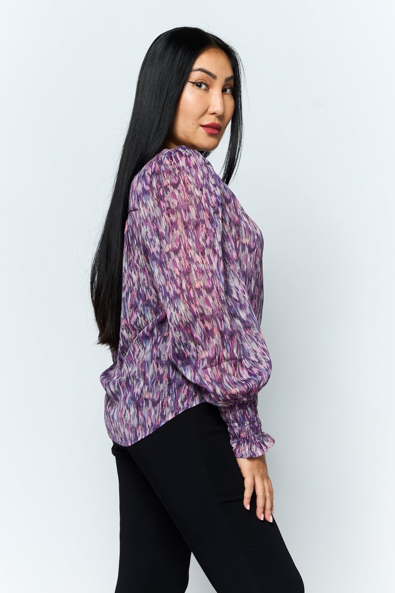 DEX Women V Neck Long Sleeve Allover Print Blouse, Multicolor - Image 3