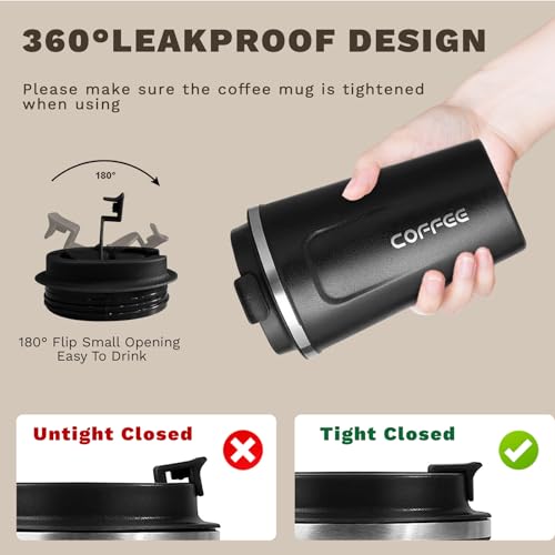 SPLMIFA Travel coffee mugs leak-proof, reusable coffee cups with lids, stainless steel vacuum thermos coffee tumblers,thermal insulation cups for men and women keep hot & cold drinks(2nd-Black, 12OZ) - Image 5