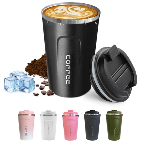 SPLMIFA Travel coffee mugs leak-proof, reusable coffee cups with lids, stainless steel vacuum thermos coffee tumblers,thermal insulation cups for men and women keep hot & cold drinks(2nd-Black, 12OZ) - Image 1