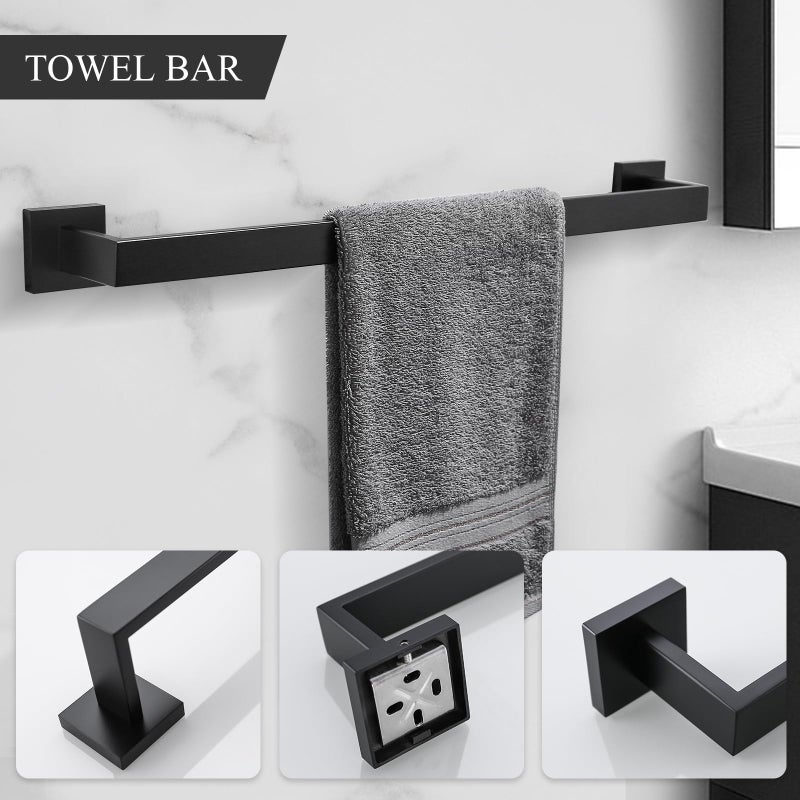 TURS Black Bathroom Towel Bar Set Square 5 Pieces Bathroom Hardware Set Matte Black Towel Holder Set Wall Mounted,SUS304 Stainless Steel, 23.6 Inch - Image 2