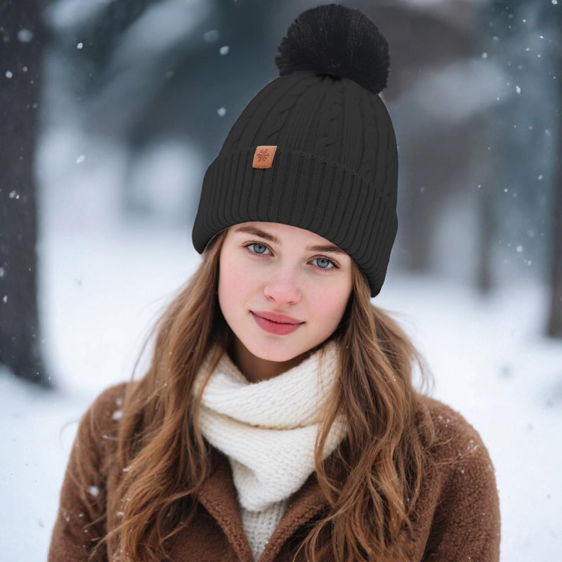 YUHAN PRETTY Winter Beanie Hats for Women Pom Pom Wool Cable Knit Thermal Fleece Warm Faux Fur Beanies for Cold Weather(Black) - Image 5