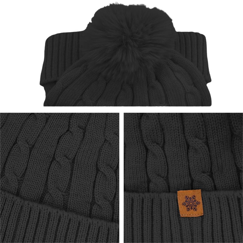 YUHAN PRETTY Winter Beanie Hats for Women Pom Pom Wool Cable Knit Thermal Fleece Warm Faux Fur Beanies for Cold Weather(Black) - Image 4