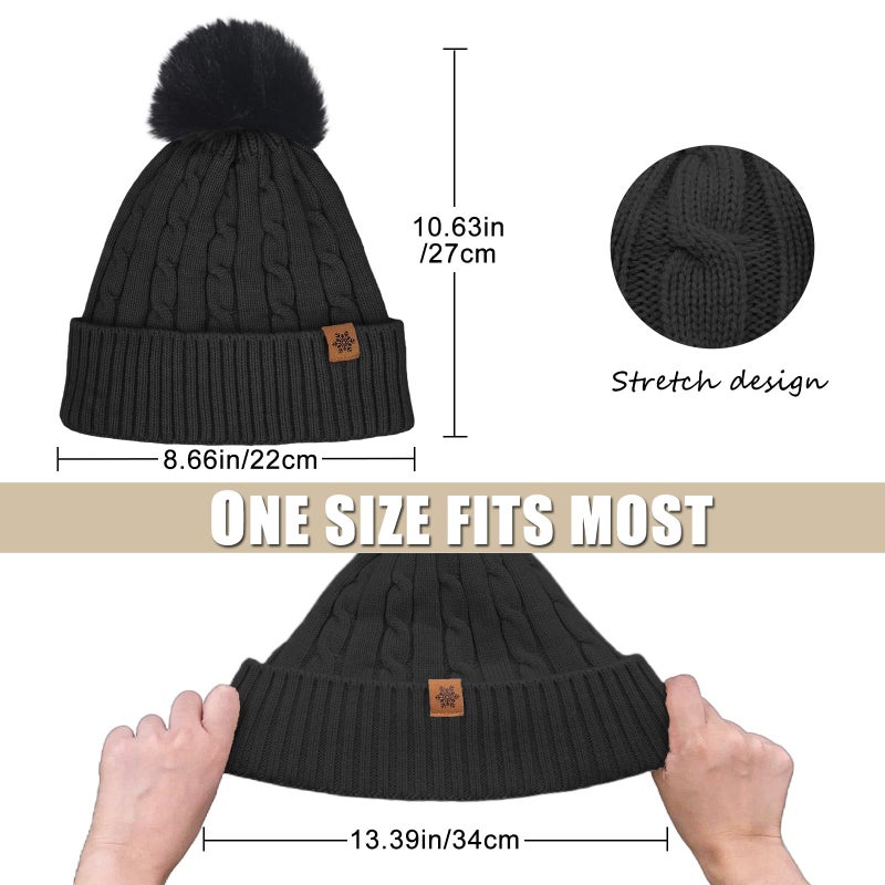 YUHAN PRETTY Winter Beanie Hats for Women Pom Pom Wool Cable Knit Thermal Fleece Warm Faux Fur Beanies for Cold Weather(Black) - Image 2