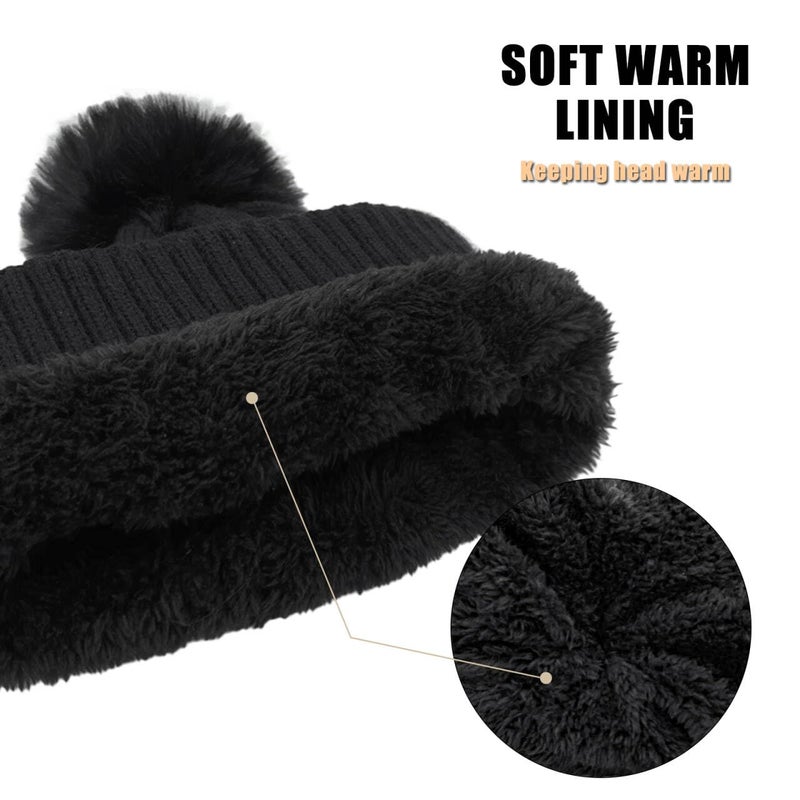 YUHAN PRETTY Winter Beanie Hats for Women Pom Pom Wool Cable Knit Thermal Fleece Warm Faux Fur Beanies for Cold Weather(Black) - Image 3