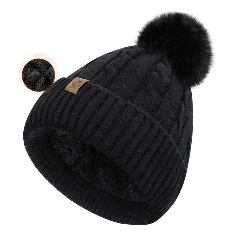 YUHAN PRETTY Winter Beanie Hats for Women Pom Pom Wool Cable Knit Thermal Fleece Warm Faux Fur Beanies for Cold Weather(Black) - Image 1