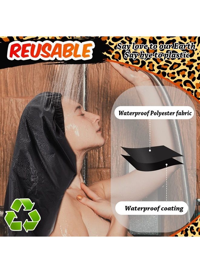 Satinior Braid Shower Cap Large Shower Cap Jumbo Shower Cap for Braid Adjustable and Foldable Braid Shower Cap with Drying Loop Extra Big and Plastic Shower Cap for Long Curly Hair Braids (Black, Leopard) - Image 2