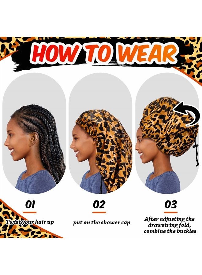 Satinior Braid Shower Cap Large Shower Cap Jumbo Shower Cap for Braid Adjustable and Foldable Braid Shower Cap with Drying Loop Extra Big and Plastic Shower Cap for Long Curly Hair Braids (Black, Leopard) - Image 4