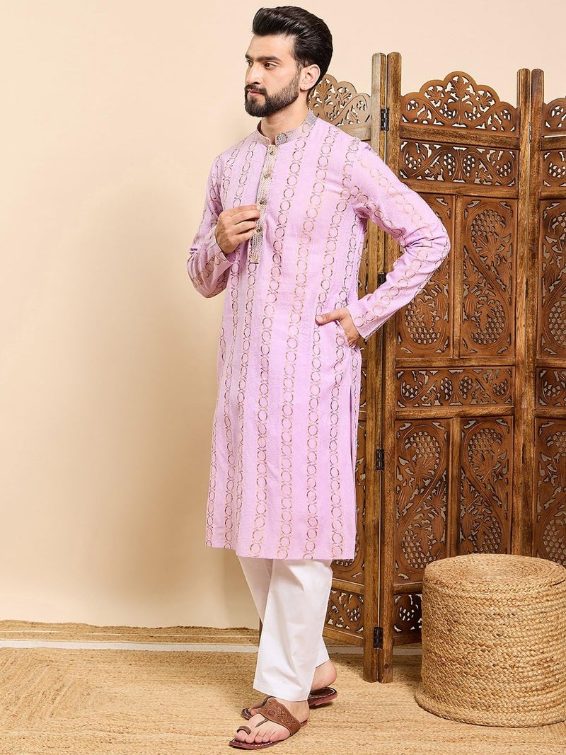 SWAGG INDIA كُرتا قطنية هندسية مزخرفة للرجال - Image 3