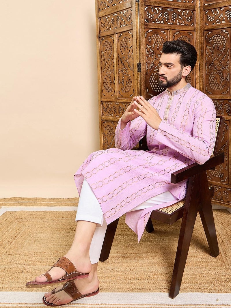 SWAGG INDIA كُرتا قطنية هندسية مزخرفة للرجال - Image 5