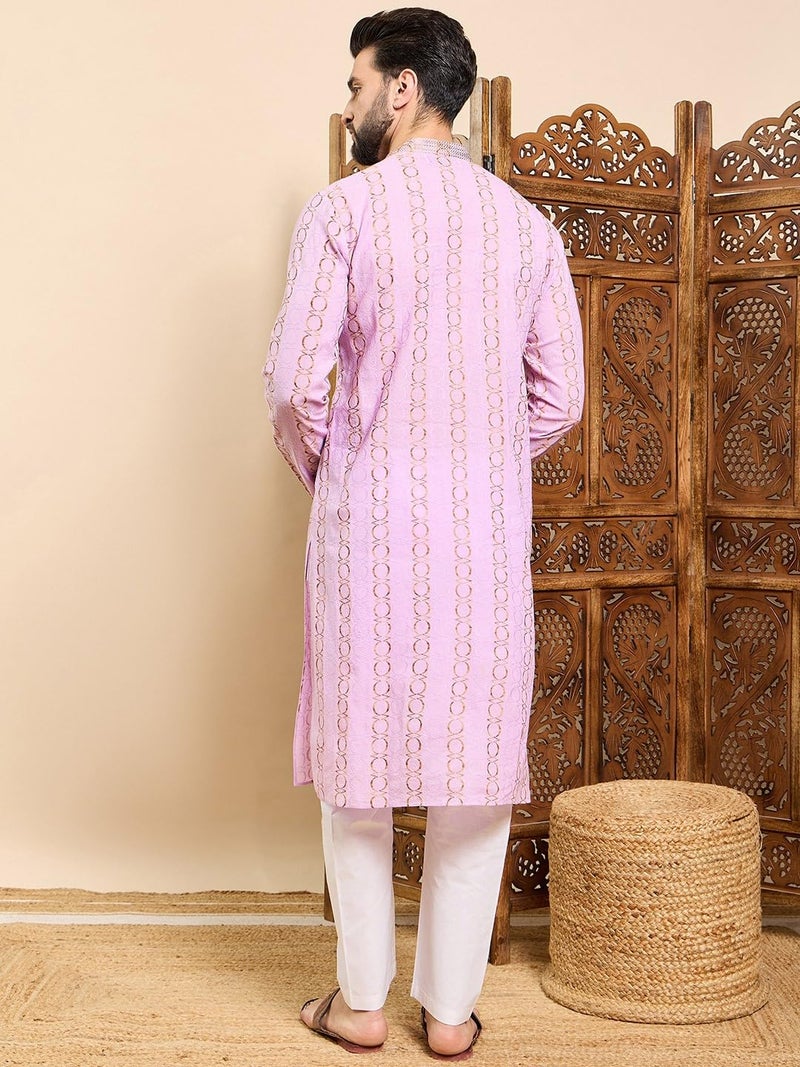 SWAGG INDIA كُرتا قطنية هندسية مزخرفة للرجال - Image 4