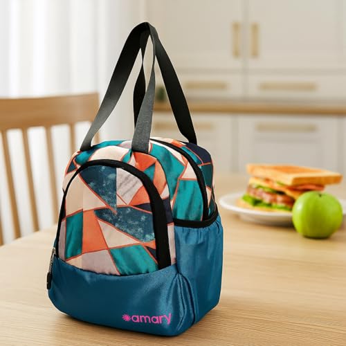 AMARY Lunch Bag for Kids – Water-Repellent, Durable Zipper & Stitching | Spacious Tiffin Carrier with Front Pocket & Bottle Holder | Multipurpose Storage Use - (Boat Pattern, Navy Blue) - Image 3