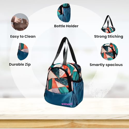 AMARY Lunch Bag for Kids – Water-Repellent, Durable Zipper & Stitching | Spacious Tiffin Carrier with Front Pocket & Bottle Holder | Multipurpose Storage Use - (Boat Pattern, Navy Blue) - Image 2
