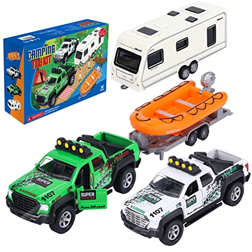 G.C GC 4 Pack Pickup Truck Trailer Toys for Boys Kids Toy Camper Boat Diecast Truck Vehicle 136 Scale Pull Back Metal Car Toys Playset with Light Sound - Image 1