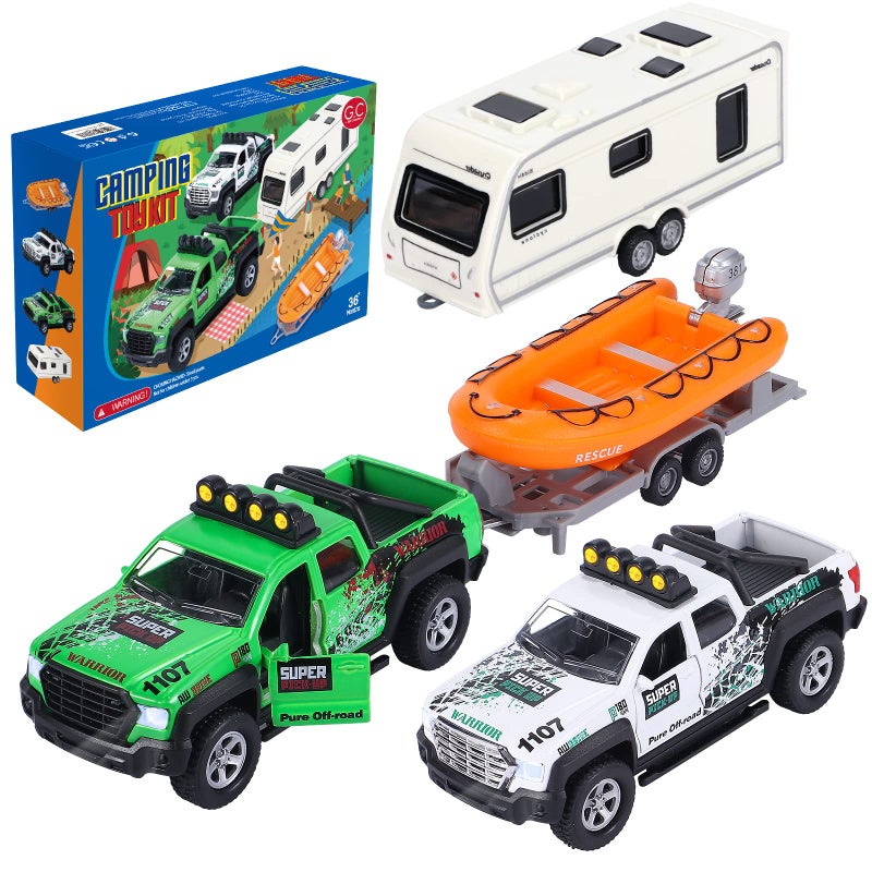 G.C GC 4 Pack Pickup Truck Trailer Toys for Boys Kids Toy Camper Boat Diecast Truck Vehicle 136 Scale Pull Back Metal Car Toys Playset with Light Sound - Image 2