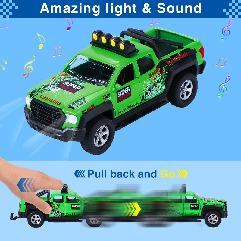 G.C GC 4 Pack Pickup Truck Trailer Toys for Boys Kids Toy Camper Boat Diecast Truck Vehicle 136 Scale Pull Back Metal Car Toys Playset with Light Sound - Image 3
