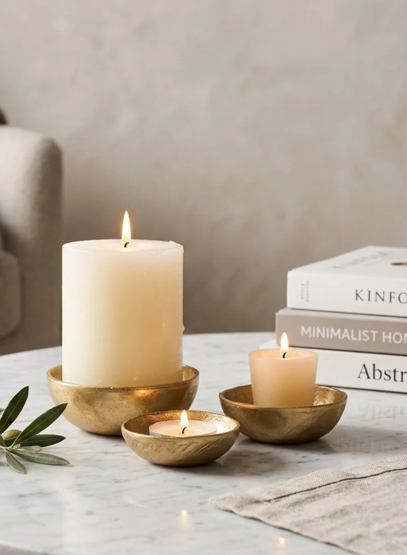 سوق الزعفران طقم 3 حوامل شموع بتشطيب نحاسي – أوعية ديكور