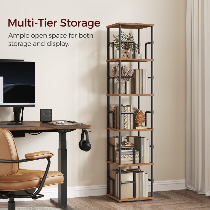 MAHANCRIS 5-Tier Rotating Bookshelf, Freestanding Corner Bookshelf, 360Â° Spinning Bookcase, Industrial Style Storage Rack with Rails, for Living Room, Bedroom, Study, Rustic Brown and Black BKHR1601 - Image 3