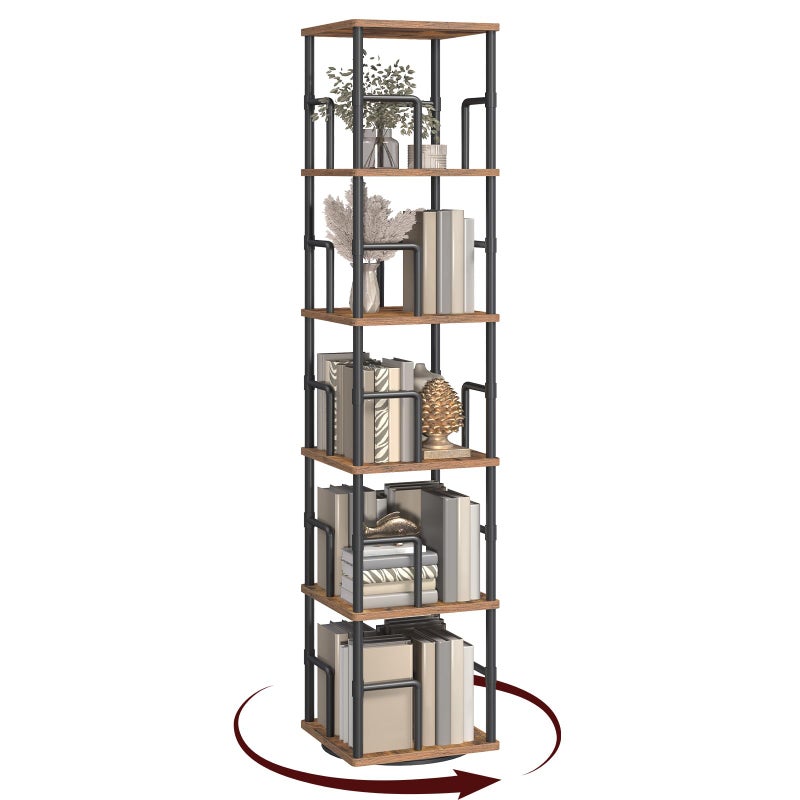 MAHANCRIS 5-Tier Rotating Bookshelf, Freestanding Corner Bookshelf, 360Â° Spinning Bookcase, Industrial Style Storage Rack with Rails, for Living Room, Bedroom, Study, Rustic Brown and Black BKHR1601 - Image 1