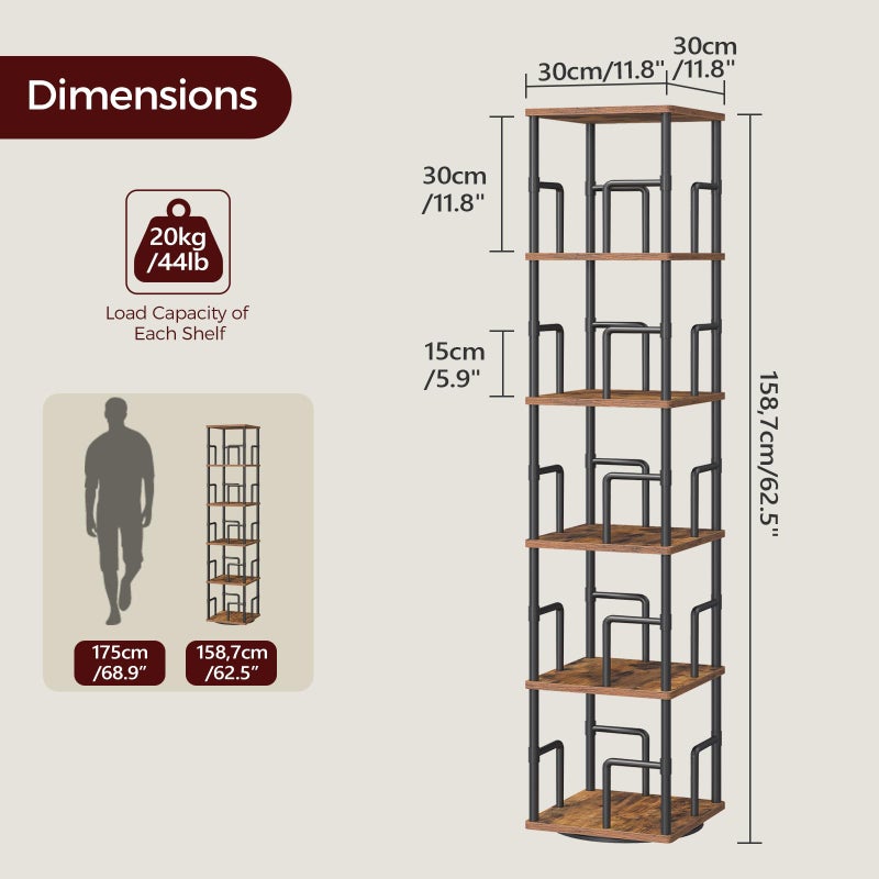 MAHANCRIS 5-Tier Rotating Bookshelf, Freestanding Corner Bookshelf, 360Â° Spinning Bookcase, Industrial Style Storage Rack with Rails, for Living Room, Bedroom, Study, Rustic Brown and Black BKHR1601 - Image 4