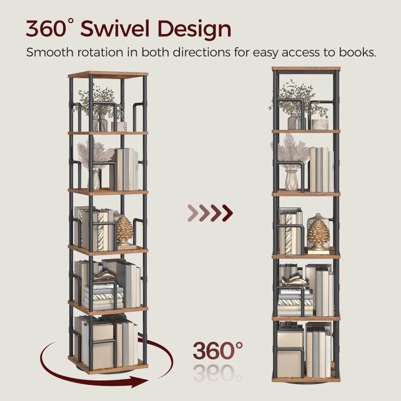 MAHANCRIS 5-Tier Rotating Bookshelf, Freestanding Corner Bookshelf, 360Â° Spinning Bookcase, Industrial Style Storage Rack with Rails, for Living Room, Bedroom, Study, Rustic Brown and Black BKHR1601 - Image 2
