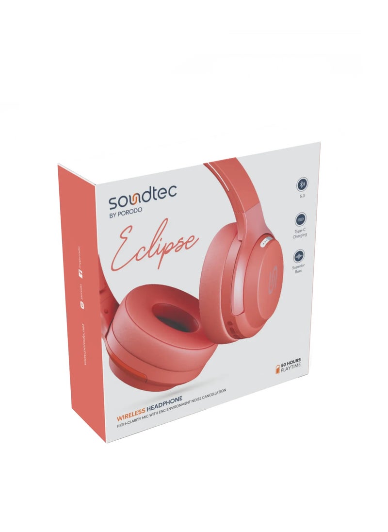 porodo - Soundtec Eclipse Wireless Over-Ear Headphone / 40mm Speaker Spec / 50 Hours Playtime / Multi-Function Buttons - Red - Image 1