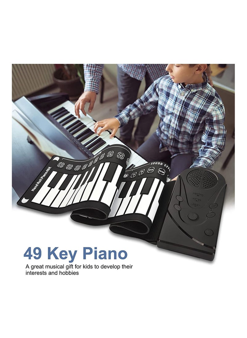 null - 49 Keys Rolling Up Piano, Plastic + Silicone Portable Piano Keyboard for Beginners, Electronic Piano Keyboard Flexible Classic Toy, Hand Roll Piano Keyboard with 6 Demo Songs and 16 Timbres (Black) - Image 1