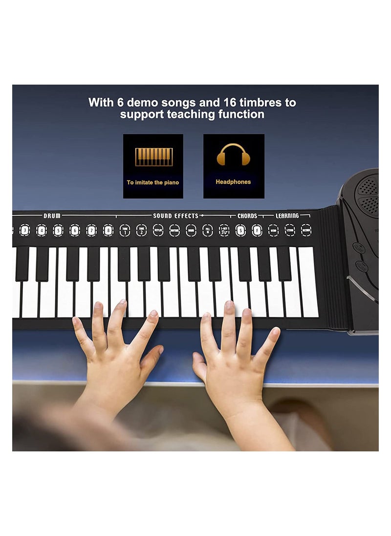 null - 49 Keys Rolling Up Piano, Plastic + Silicone Portable Piano Keyboard for Beginners, Electronic Piano Keyboard Flexible Classic Toy, Hand Roll Piano Keyboard with 6 Demo Songs and 16 Timbres (Black) - Image 1