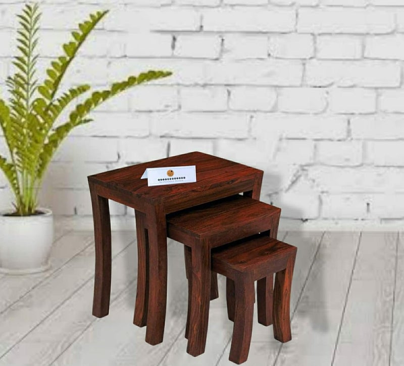 RoseWoodZone RoseWoodZone Furniture Sheesham Wood Nesting Tables Set of 3 Stools for Living Room Brown Finish  - Image 1