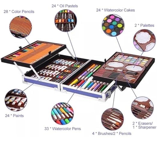 D J ENTERPRISE 145Pcs Professional Art Set- Drawing Painting Sketching Colouring Set- All in 1 Art Set Includes Oil Pastels, Colour Pencils & Pens, Water Colours Unicorn Design Aluminium Case - Image 5