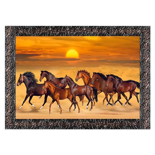 Indianara Vastu Runing Seven Horses Painting With Frame 13 Inches X 10 Inches (Style 12) - Image 1