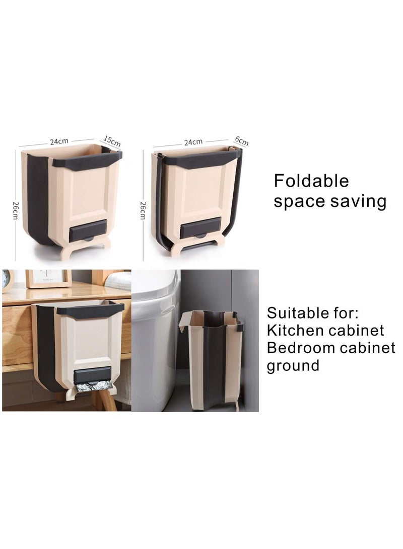 Hanging Trash Can, 9L/2.4 Gallon Collapsible Trash Can, Trash Basket, Portable Travel Trash Can Holder for Home, Outdoor, Office Car, Brown