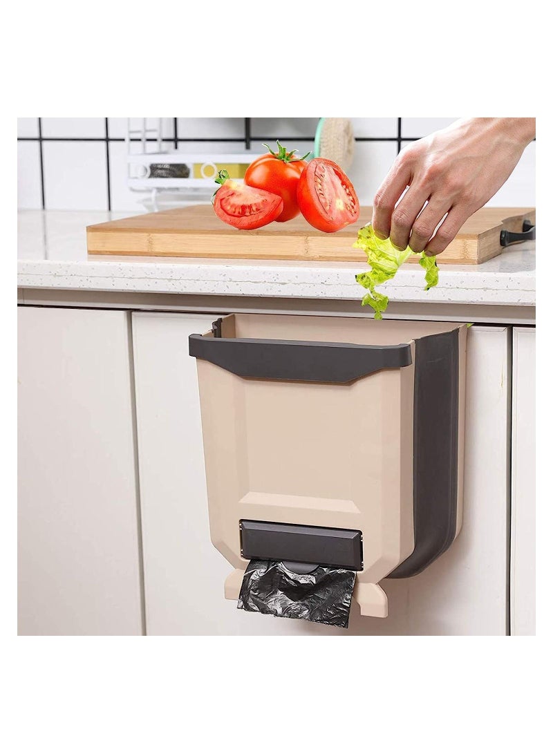 Hanging Trash Can, 9L/2.4 Gallon Collapsible Trash Can, Trash Basket, Portable Travel Trash Can Holder for Home, Outdoor, Office Car, Brown