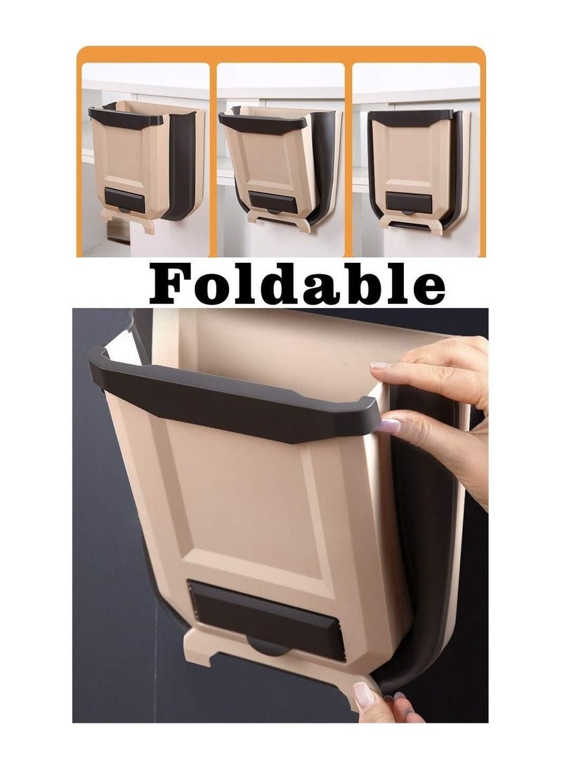 Hanging Trash Can, 9L/2.4 Gallon Collapsible Trash Can, Trash Basket, Portable Travel Trash Can Holder for Home, Outdoor, Office Car, Brown