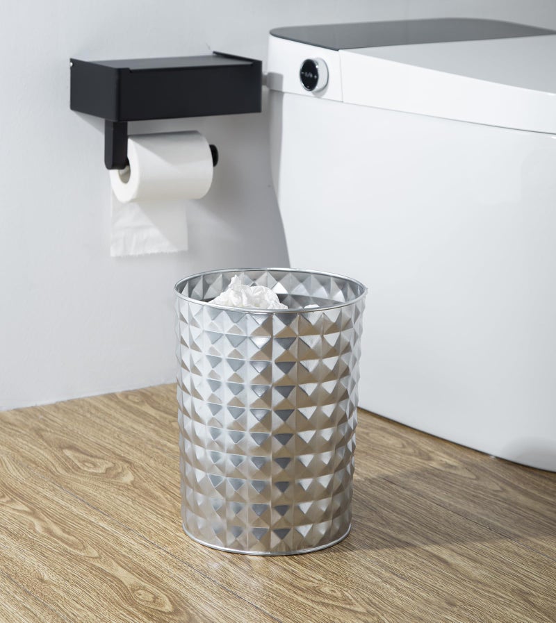Venalys Small Round Metal Trash Can Wastebasket, Decorative Diamond Pattern Garbage Can Waste Paper Bin, Modern Farmhouse Round Trash Bin for Bathroom, Bedroom, Kitchen and Office (Silver) - Image 4