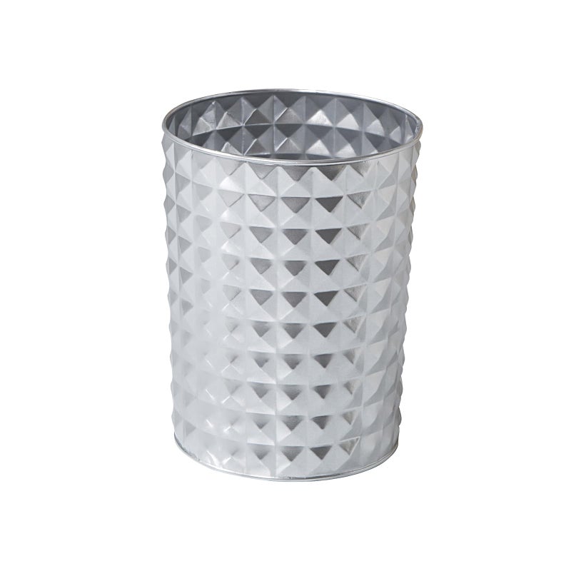 Venalys Small Round Metal Trash Can Wastebasket, Decorative Diamond Pattern Garbage Can Waste Paper Bin, Modern Farmhouse Round Trash Bin for Bathroom, Bedroom, Kitchen and Office (Silver) - Image 1