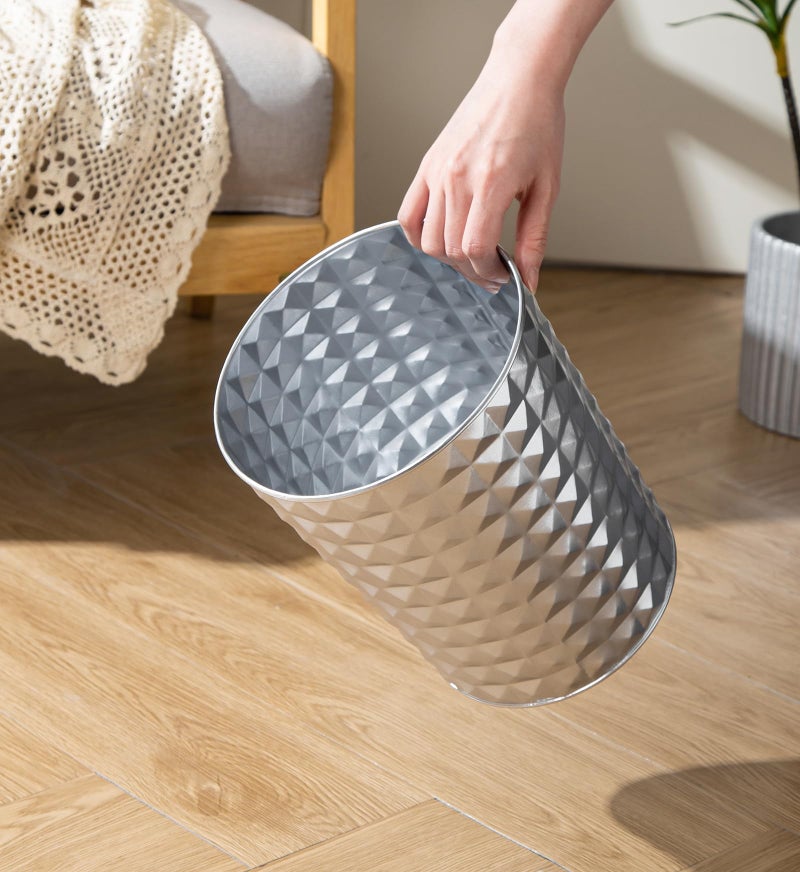 Venalys Small Round Metal Trash Can Wastebasket, Decorative Diamond Pattern Garbage Can Waste Paper Bin, Modern Farmhouse Round Trash Bin for Bathroom, Bedroom, Kitchen and Office (Silver) - Image 3