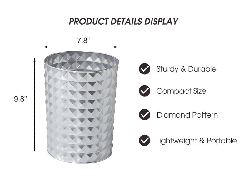 Venalys Small Round Metal Trash Can Wastebasket, Decorative Diamond Pattern Garbage Can Waste Paper Bin, Modern Farmhouse Round Trash Bin for Bathroom, Bedroom, Kitchen and Office (Silver) - Image 5