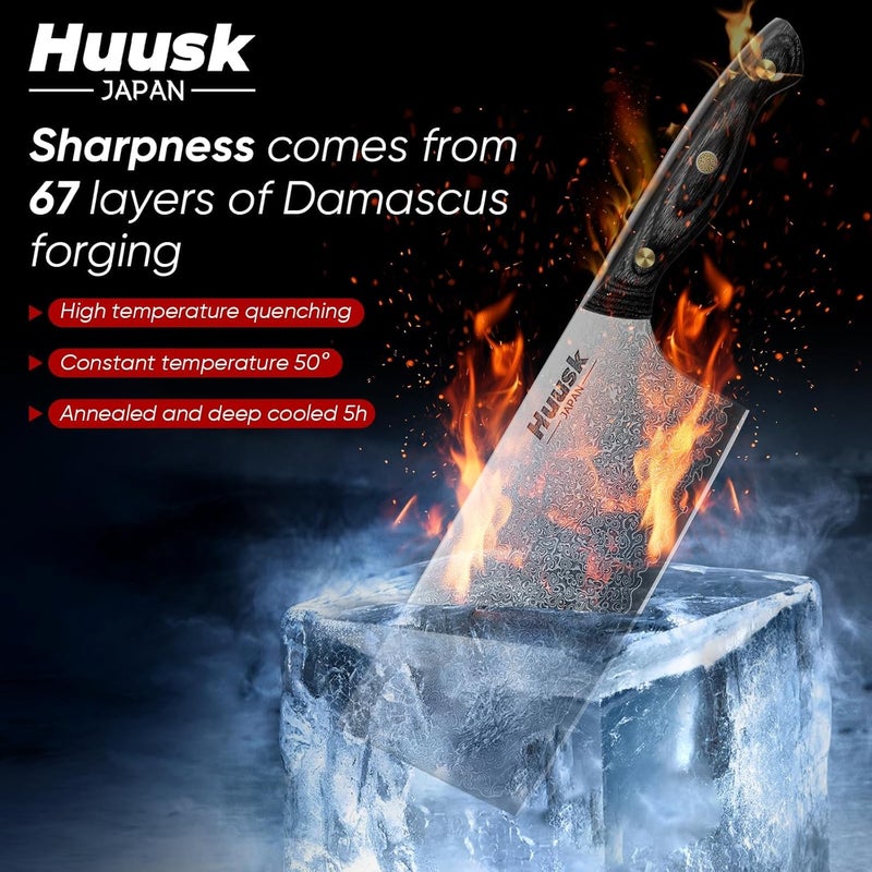 Huusk Damascus Cleaver Knife 7 inch, VG10 Butcher Knives for Meat Cutting, Kitchen Knives with Wood Handle for Chopper Vegetables, Hand Forged Chooping Knives, Christmas Gift for Men and Women - Image 2