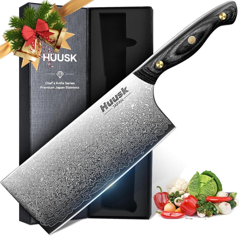 Huusk Damascus Cleaver Knife 7 inch, VG10 Butcher Knives for Meat Cutting, Kitchen Knives with Wood Handle for Chopper Vegetables, Hand Forged Chooping Knives, Christmas Gift for Men and Women - Image 1