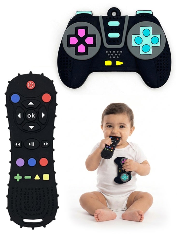 BBMORE 2 Pack Baby Teether Toy, Chew Toy, TV Remote Control and Game Remote Controller Shape with Popper Buttons Relief, Teething Relief Baby Toy For Infants Baby 6 Months+, Sensory Toys for Baby, Silicone, BPA-Free(Black) - Image 1