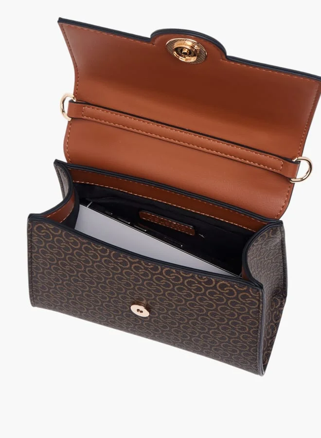 Celeste Women Monogram Print Satchel Bag with Button Closure and Adjustable Strap