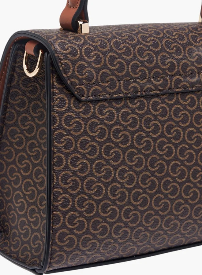 Celeste Women Monogram Print Satchel Bag with Button Closure and Adjustable Strap
