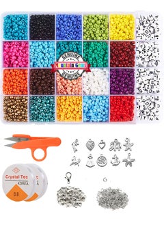 Beads Kit, Colors and Alphabet Letter Beads for Bracelet Jewelry Making, Seed Bead Set with Elastic Strings, Jump Rings, Lobster Clasps, Scissors and Tweezers