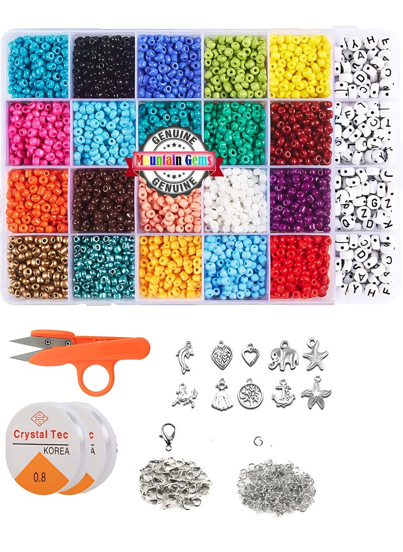 Mountain Gems - Beads Kit, Colors and Alphabet Letter Beads for Bracelet Jewelry Making, Seed Bead Set with Elastic Strings, Jump Rings, Lobster Clasps, Scissors and Tweezers - Image 1