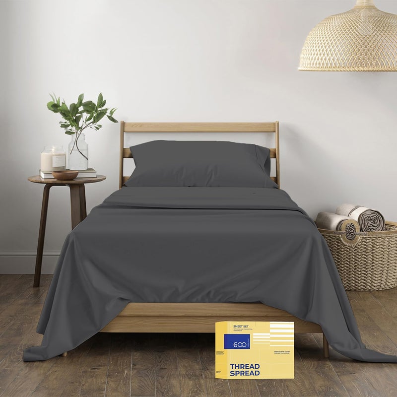THREAD SPREAD Luxury Pure Egyptian Cotton Sheets Twin XL Size  600 Thread Count 3 PC Twin XL Sheets Deep Pockets Cooling Sateen Weave College Dorm Bedding Twin XL Fits Mattress Upto 18 Dark Grey