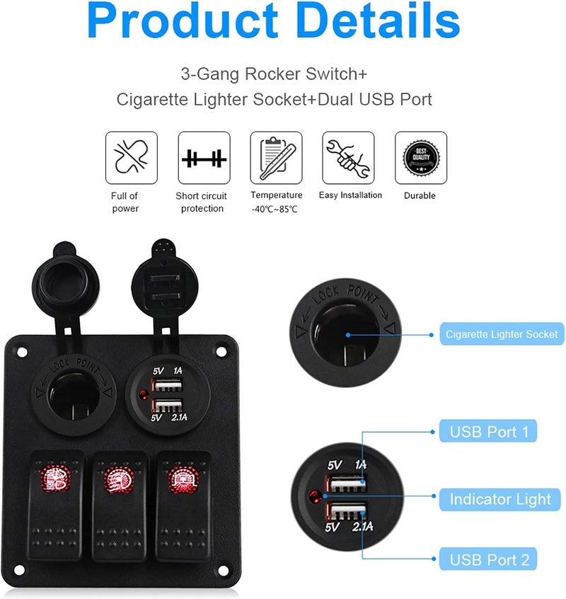 Wivplex 3 Gang Waterproof Rocker Switch Panel with Dual Charger - Image 3