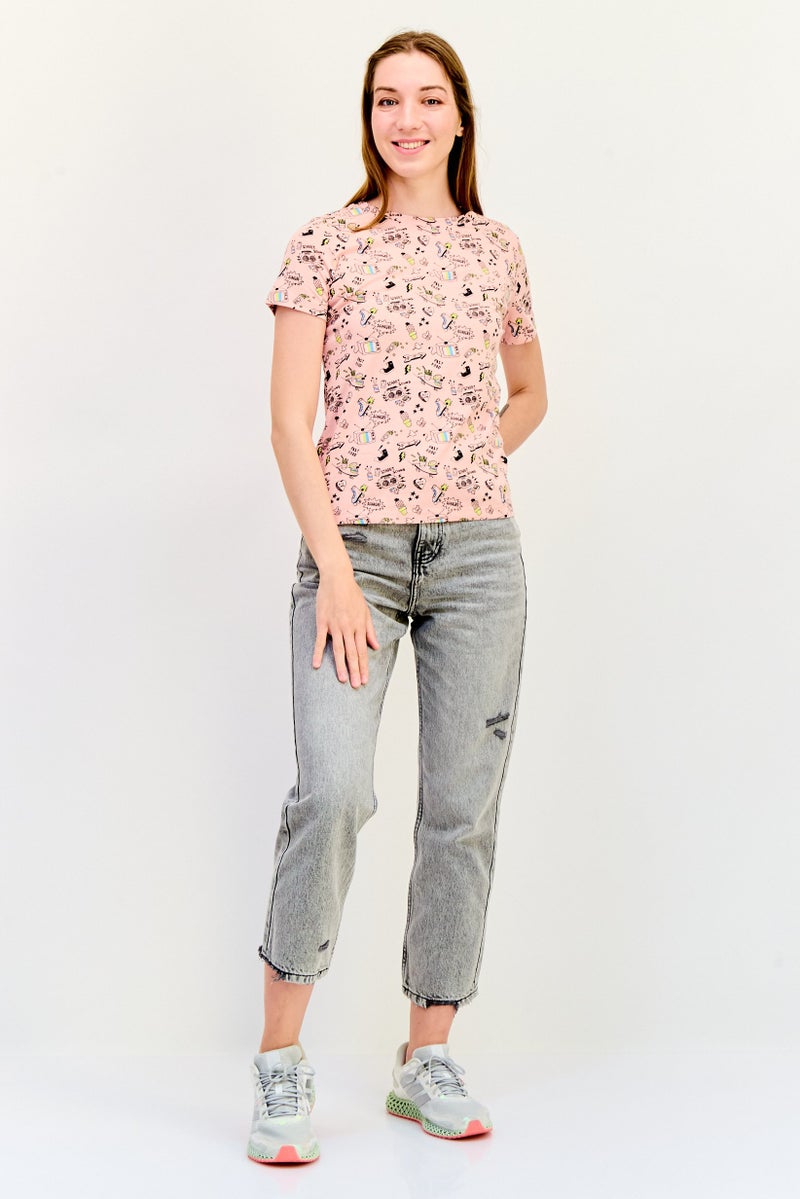 ONLY تي شيرت نسائي بأكمام قصيرة وياقة دائرية، مطبوع برسومات، متعدد الألوان - Image 2