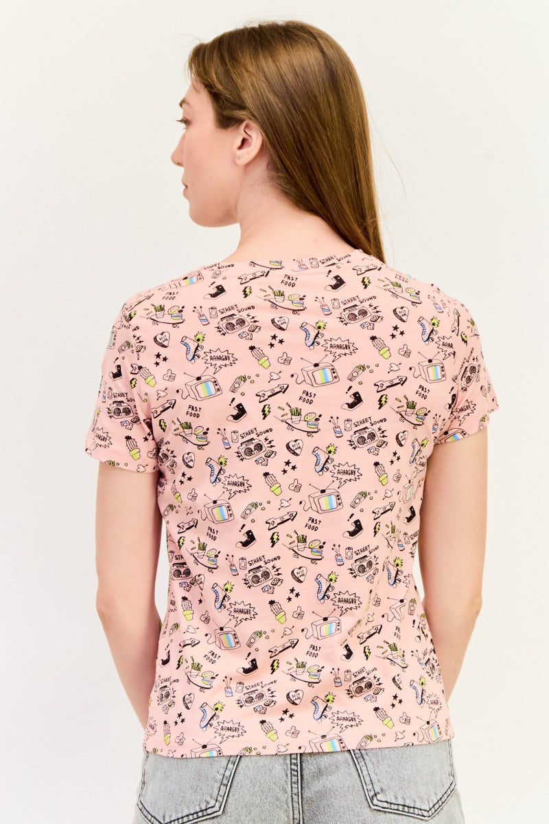 ONLY تي شيرت نسائي بأكمام قصيرة وياقة دائرية، مطبوع برسومات، متعدد الألوان - Image 3